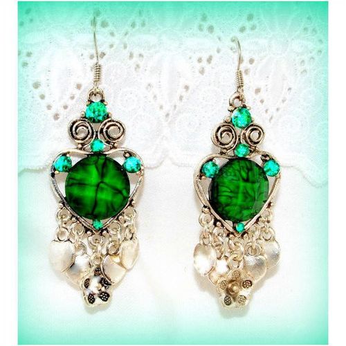 Love Heart Tibetan Hill Tribe Style Green Crystal Hook Earrings Jewellery 1039