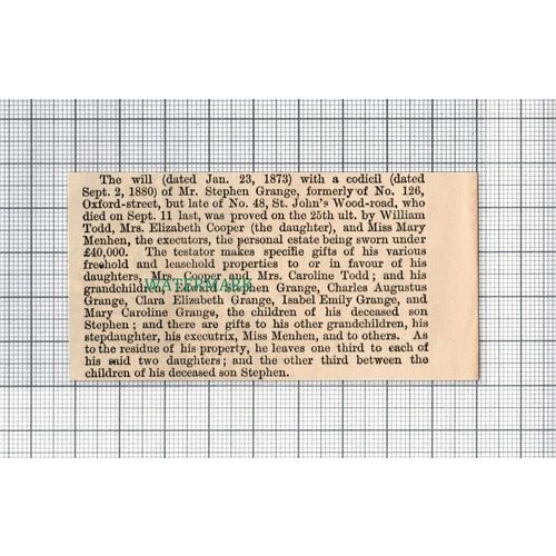 C5230) Mr Stephen Grange Oxford Street Mrs Caroline Todd Cooper - 1880 Cutting