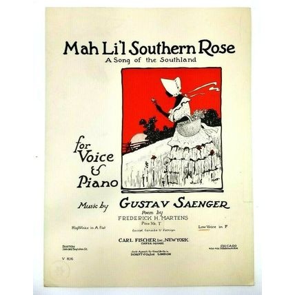 Mah Li'l Southern Rose By Gustav Saenger 1924 Song From Southland (K10B)
