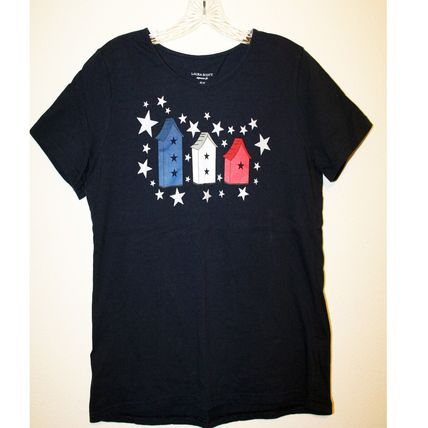 Laura Scott Women's Blue Patriotic Stars Birdhouses Cotton T-Shirt Size Medium