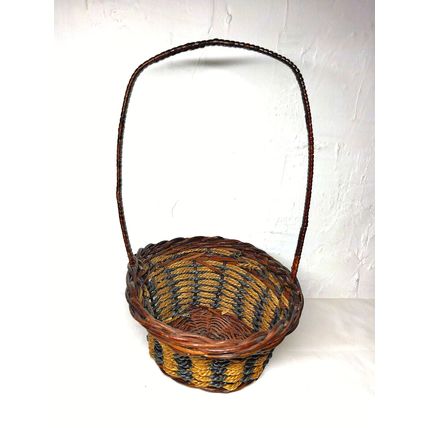 Round Straw Rattan "Colorful!" Basket w/ "Tall Hoop Handle!" - 6.5"x6.5"x12"