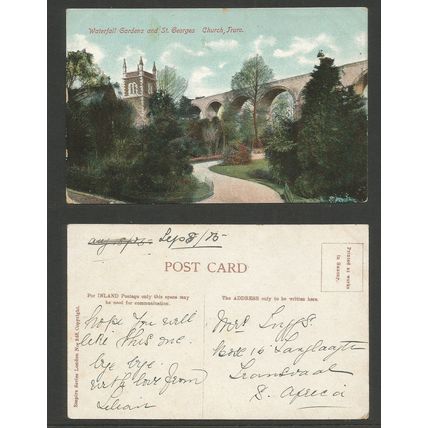 GB Postcard, Waterfall Gardens And St Georges Church, Truro, Cornwall 1913