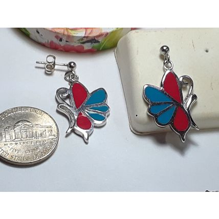 Estate 2Sided Butterfly w/Red &Blue Enamel Sterling Silver Dangle Earrings#19370