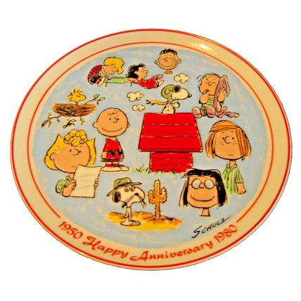 SNOOPY CHARLIE BROWN PEANUTS CERAMIC 30TH ANNIVERSARY PLATE 10"D 1980 SCHMID