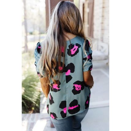 Sky Blue Ruched Short Sleeve Leopard Print Blouse