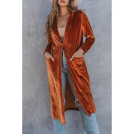 Brown Retro Velvet Long Sleeve Pocket Coat