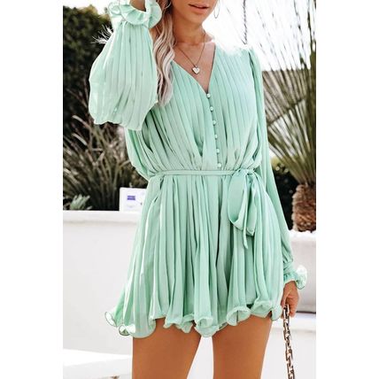 Green Pleated Ruffled Tie Waist Buttons V Neck Romper