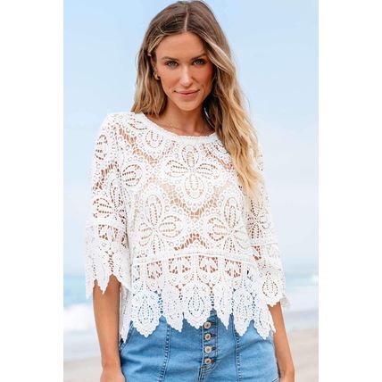 Oatmeal Bohemian Macrame Lace Crochet Half Sleeve Blouse