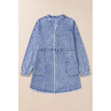 Beau Blue Mineral Wash Long Sleeve Button Up Raw Hem Pocketed Denim Dress