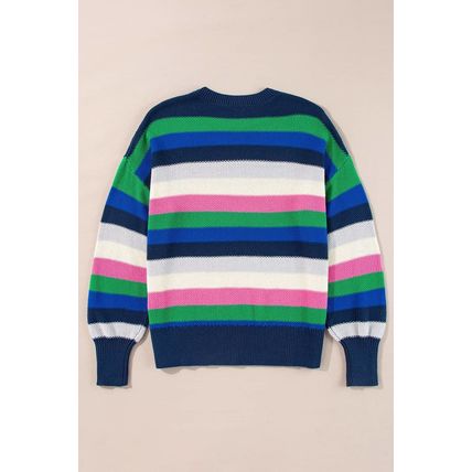 Bright Green Rainbow Striped Crew Neck Drop Shoulder Sweater