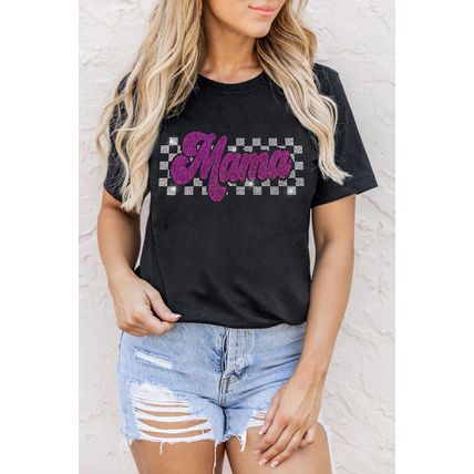 Black Rhinestone Mama Letter Graphic T Shirt
