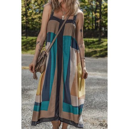 Brown Retro Geometric Printed Y Back Sleeveless Dress