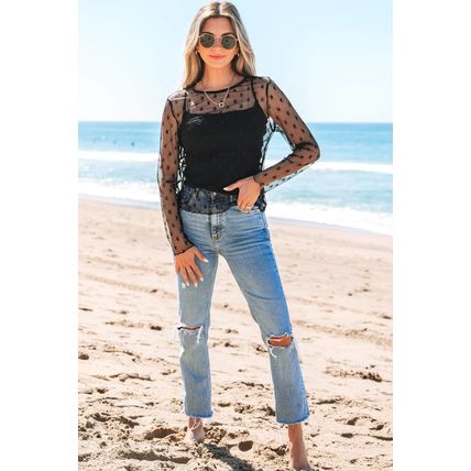Black Star Print Mesh Sheer Slim Long Sleeve Top