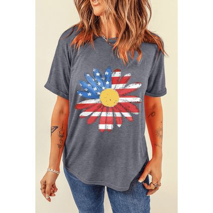 Gray Flag Pattern Sunflower Graphic Crew Neck Tee