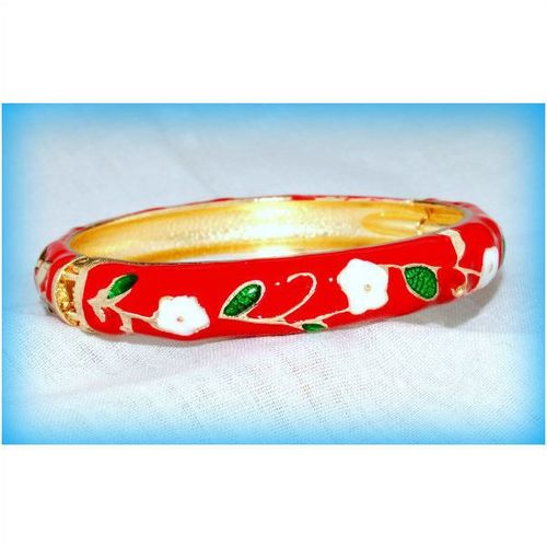 Red Art Nouveau Style Enamel Gold Plated Hinged Bracelet Bangle Jewellery 1565