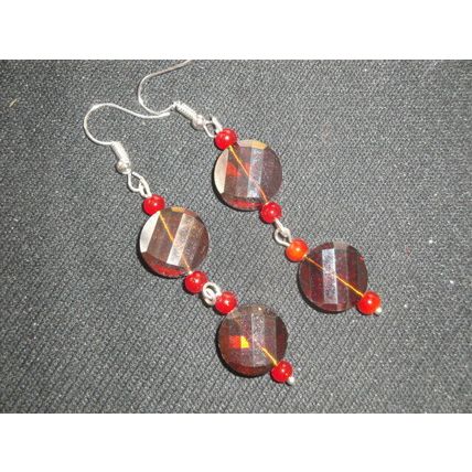 Dramatic amber orange crystal glass twisted disc & red dangle earrings
