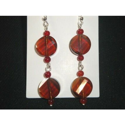Dramatic amber orange crystal glass twisted disc & red dangle earrings