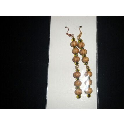 Handmade 2 section wood & yellow black glass long earrings different NEW