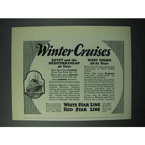 1925 White Star Line, Red Star Line Cruise Ad - Winter
