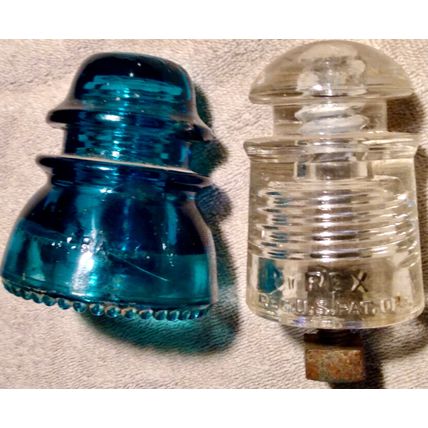 Glass Colored Insulators & mounting post .. antique telephone origin