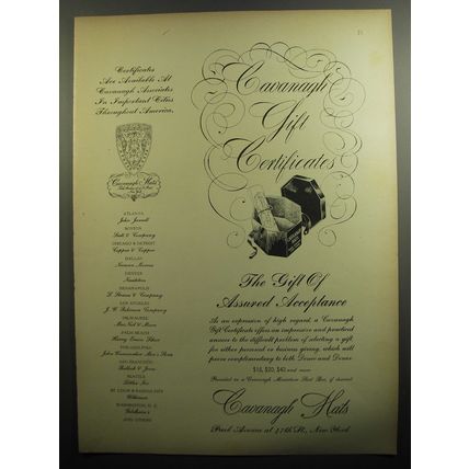 1951 Cavanagh Hats Ad - Gift Certificates The Gift of Assured Acceptance
