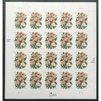 Garden Botanical Sheet of Twenty 60 Cent Postage Stamps Scott 3837