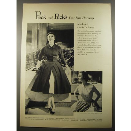1954 Peck and Peck Fashion Ad - four-part Harmony in talented checks 'n Flannel