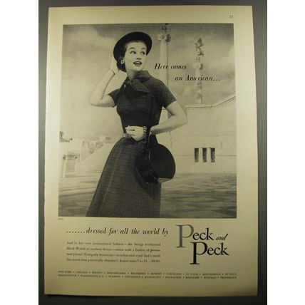 1954 Peck and Peck Fashion Ad - Here comes an American