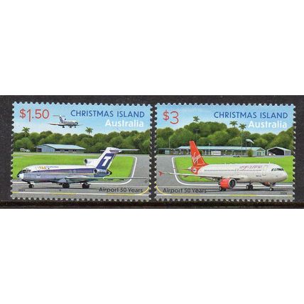 CHRISTMAS ISLAND: 2024, 50th ANNIVERSARY OF AIRPORT, MINT SET OF 2 STAMPS.