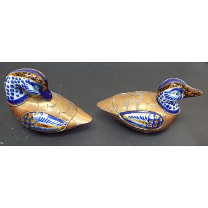 Vintage Brass and Ceramic Duck Figure Hand Painted Mexican Art Blue White Gold