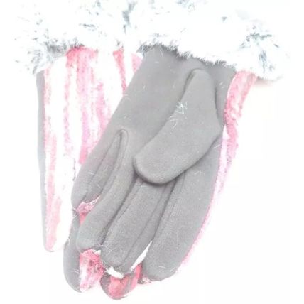 Ladies Gloves Stripy Black, Red & Pink Faux Fur Trim Accessory 26.5 CM Accessory