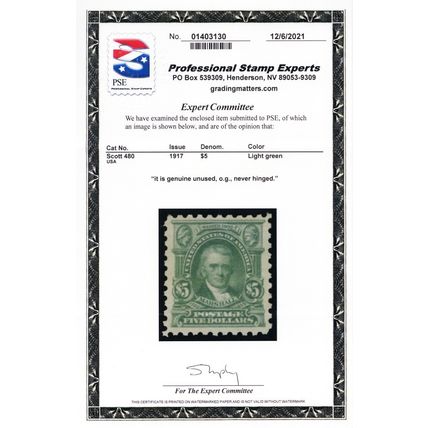 480, Mint VF/XF NH $5 - With PSE Certificate - Stuart Katz