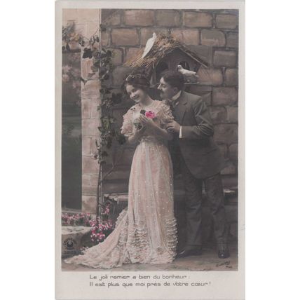 Man Seducing Lady Under Antique Bird House Nest French Love Secret Code Postcard