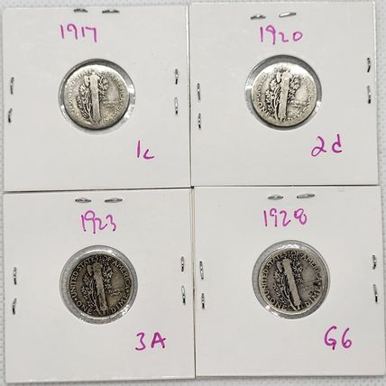 Silver Mercury Dimes 1917, 1920, 1923, 1928 Coins Lot of 4