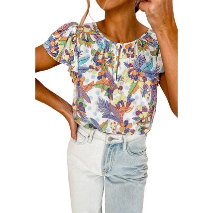 Sky Blue Floral Buttoned Round Neck Ruffled Sleeve Blouse