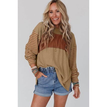 Flaxen Colorblock Striped Bishop Sleeve Top