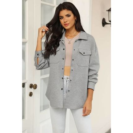 Gray Solid Textured Flap Pocket Buttoned Shacket