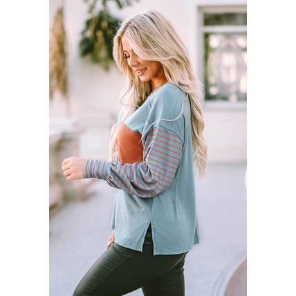 Green Colorblock Striped Bishop Sleeve Top