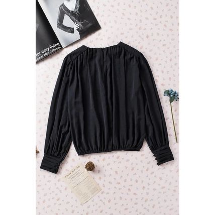 Black Padded Shoulder Buttoned Cuffs Pleated Loose Blouse