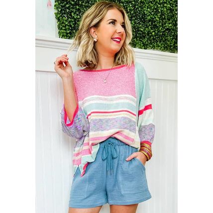 Pink Color Block Striped Three-Quarter Sleeve Knitted Top