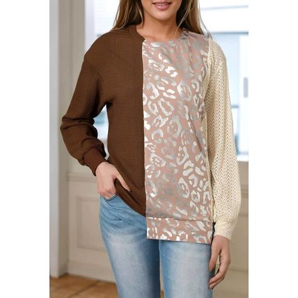 Brown Glitter Leopard Patchwork Crew Neck Long Sleeve Top