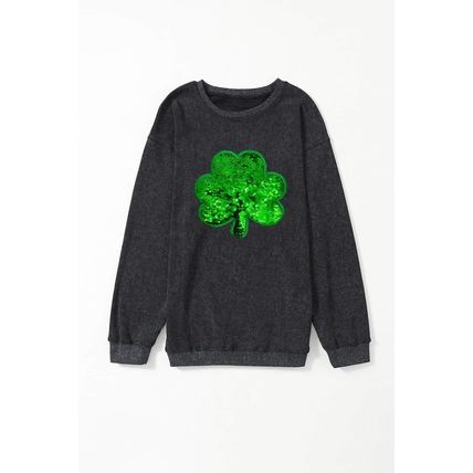 Black Sequin Embroidered Clover Corded Sweatshirt