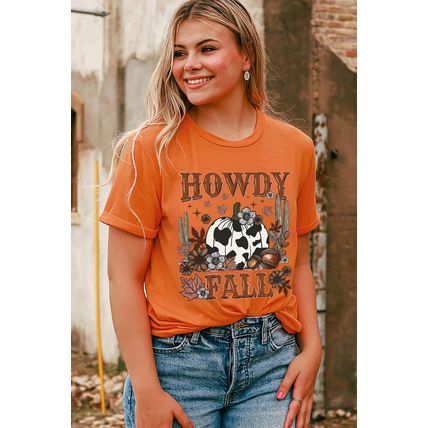Orange HOWDY FALL Western Pumpkin Graphic T Shirt
