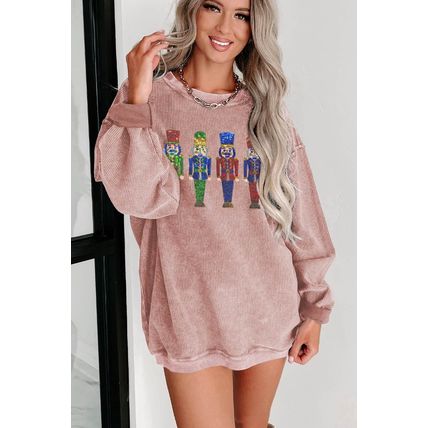 Pink Sequined Nutcracker Doll Corded Baggy Sweatshirt
