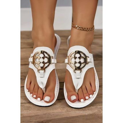 White Metal Décor Leather Thong Slippers