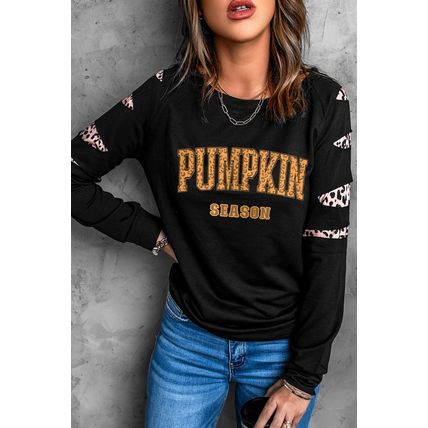 Black Leopard PUMPKIN SEASON Graphic Ripped Sleeve Sweatshirt