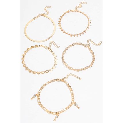 Gold Sweet Heart Rhinestone Dangle 5-piece Anklets