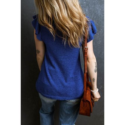 Dark Blue Ruffle Sleeve Knitted Sweater Top