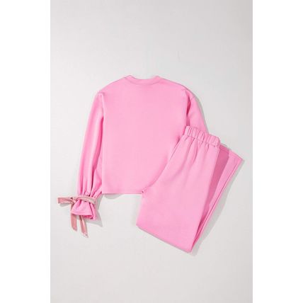 Bonbon Solid Color Drawstring Long Sleeve Top and Pants Set