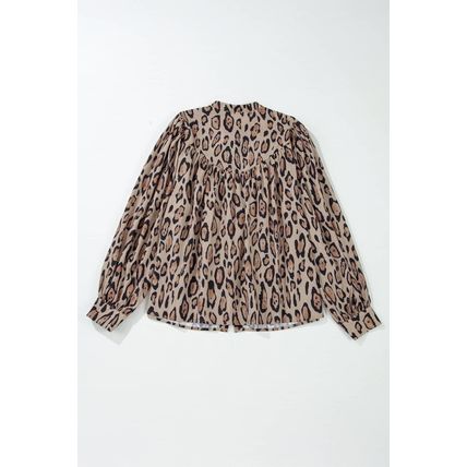Light French Beige Oversized Leopard Print Balloon Sleeve Casual Shirt